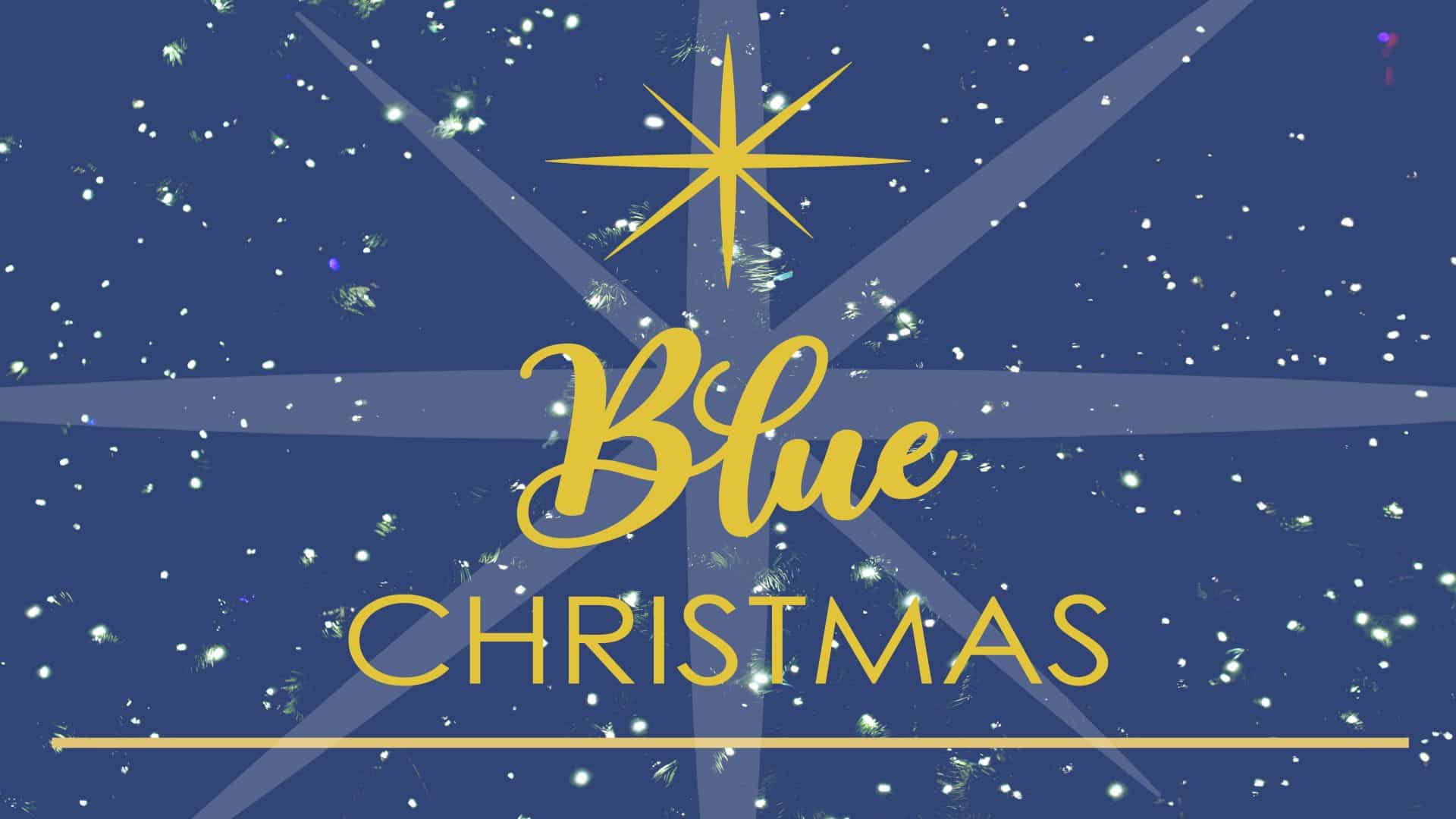 Blue background with yellow star and the words Blue Christmas