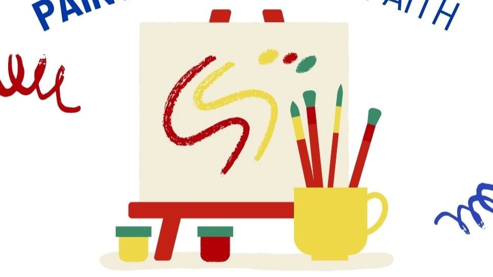 an art easel holding a canvas with squiggles painted on it. A cup filled with brushes sits alongside