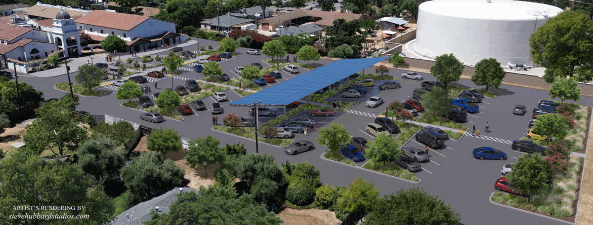 A rendering of plans for the Carmichael Presbyterian Church parking lot - an overhead view of parking spaces, a solar canopy, and landscaping