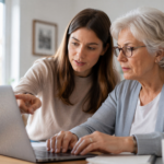 a gray-haired woman with glasses looking at a laptop computer with a younger woman looking at the screen with her.