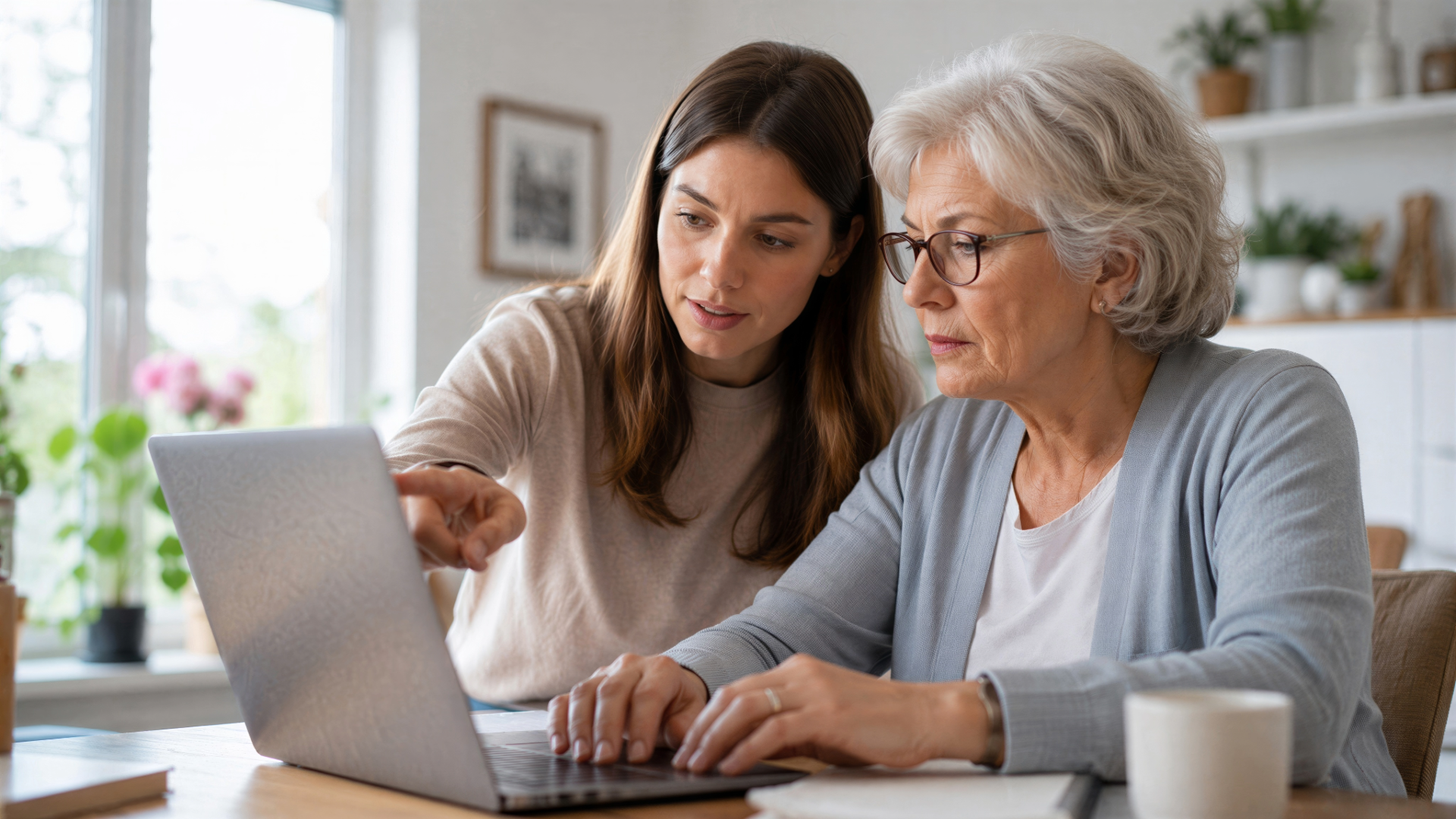 a gray-haired woman with glasses looking at a laptop computer with a younger woman looking at the screen with her.